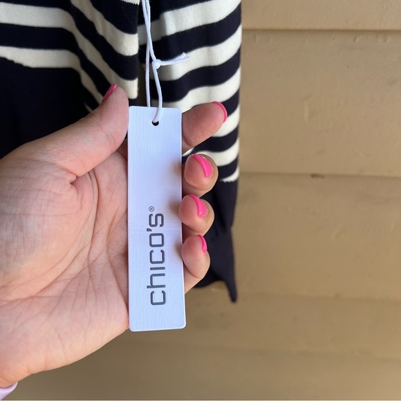 Chico's Mixed Striped Classic Navy Cardigan - Size M Preppy Nautical Casual NWT - Picture 4 of 6